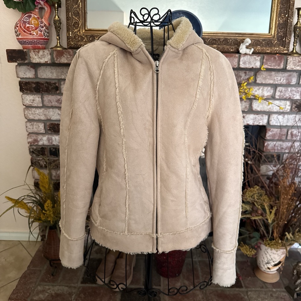 Vtg Y2K Mudd Cream Faux Suede Fur Lined Hooded Full Zip Jacket